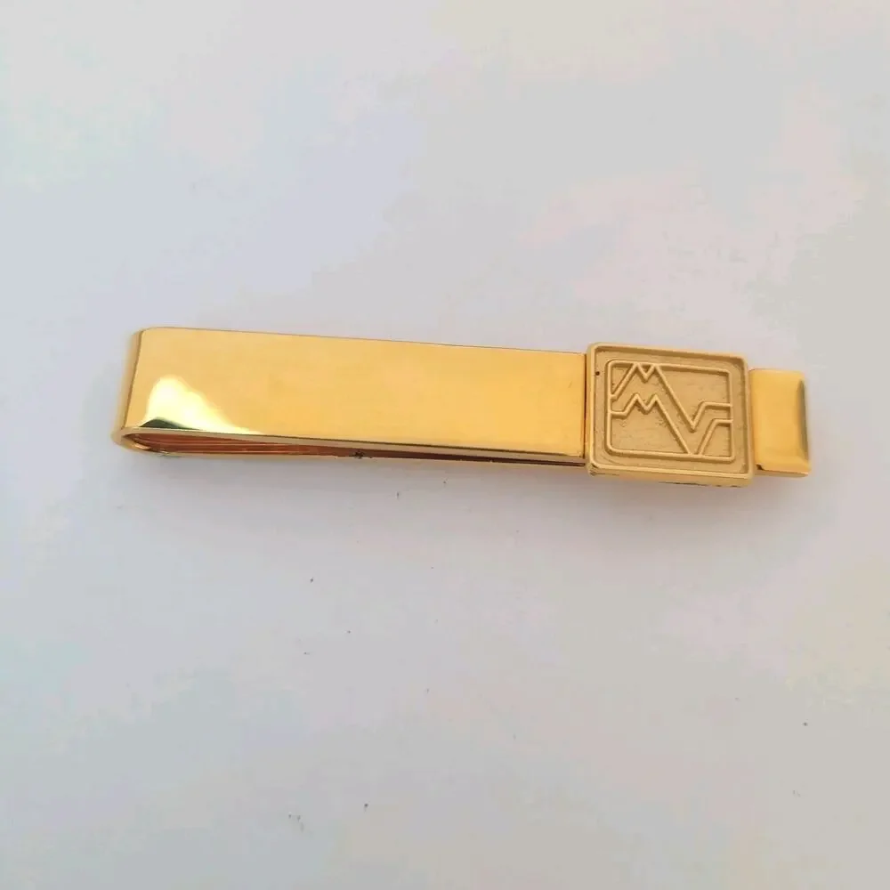 Mario Valentino MV USA Vintage Tack Tie Clasp Clip Bar Gold Retro Logo Rectangle - Picture 1 of 6